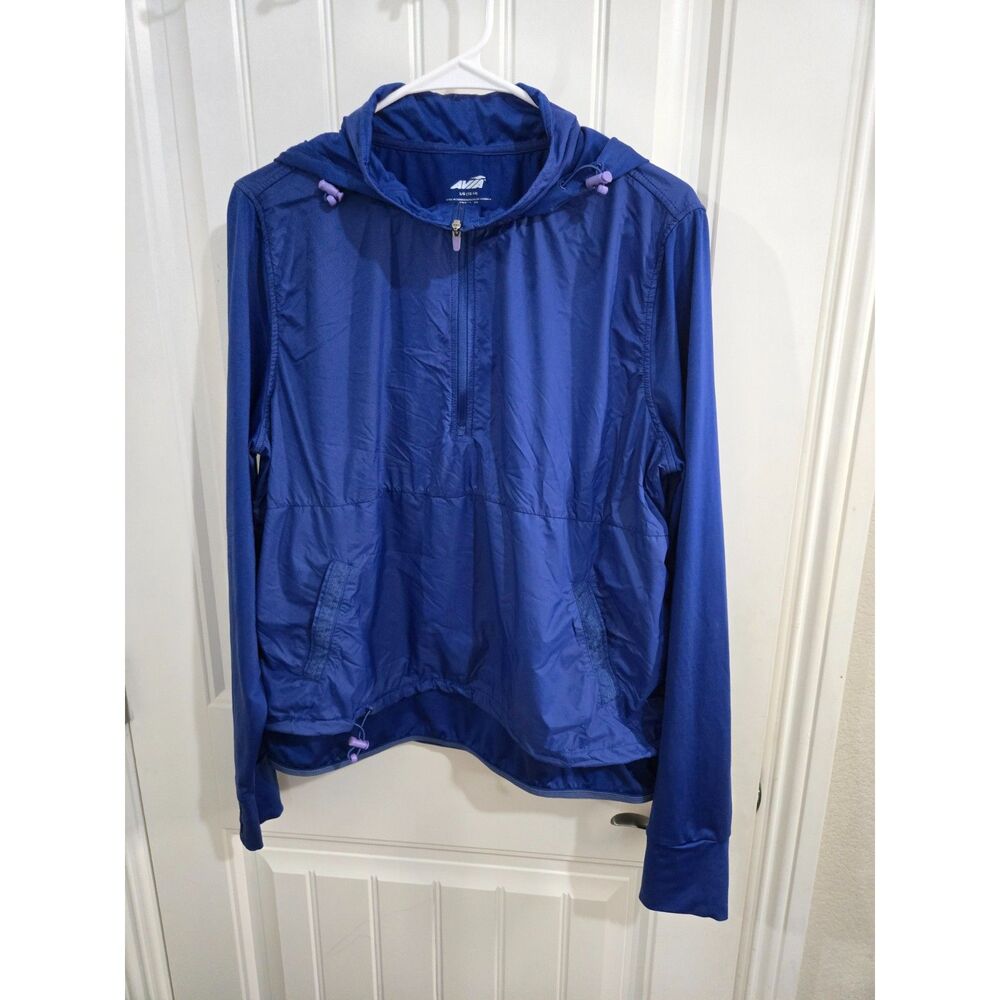 Avia Womens Large 12-14 Blue Half Zip Hooded Windbreaker Jacket Thumbholes